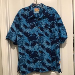 Jimmy Buffet Margaritaville 100% Silk Hawaiian style Shirt Sz L Blue Crab print